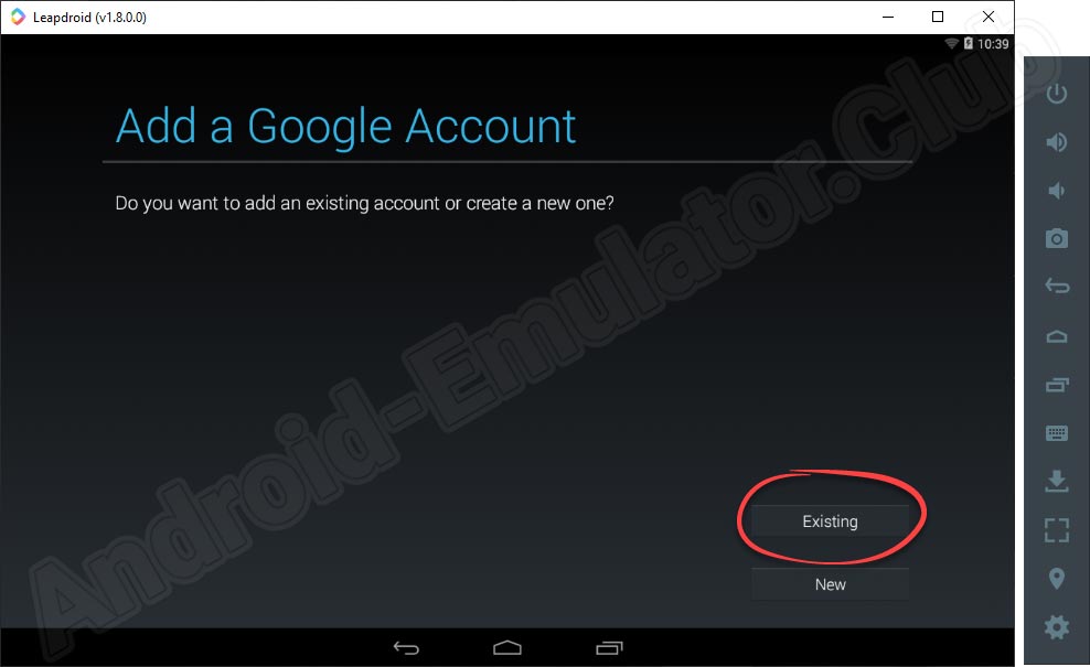 Кнопка добавления существующего Google-аккаунта в Play Market LeapDroid