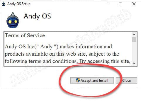 Кнопка принятия лицензии и установки Android-эмулятора Andy OS