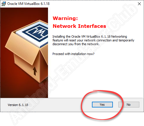 Предупреждение о перезагрузке сетевого подключения при установке VirtualBox