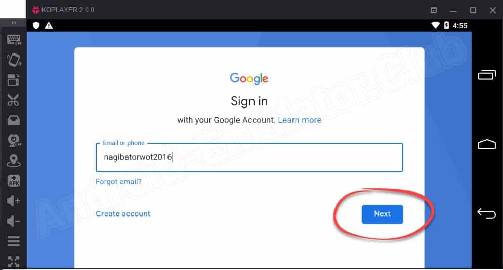 Ввод адреса электронной почты при настройке Google Play на KOPLAYER