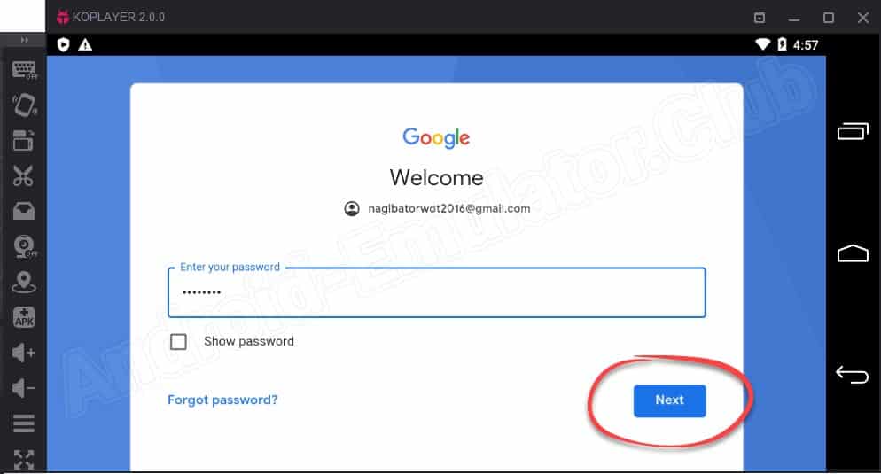 Ввод пароля от Gmail при настройке Google Play на KOPLAYER