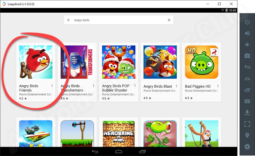 Выбор игры для установки в Google Play LeapDroid